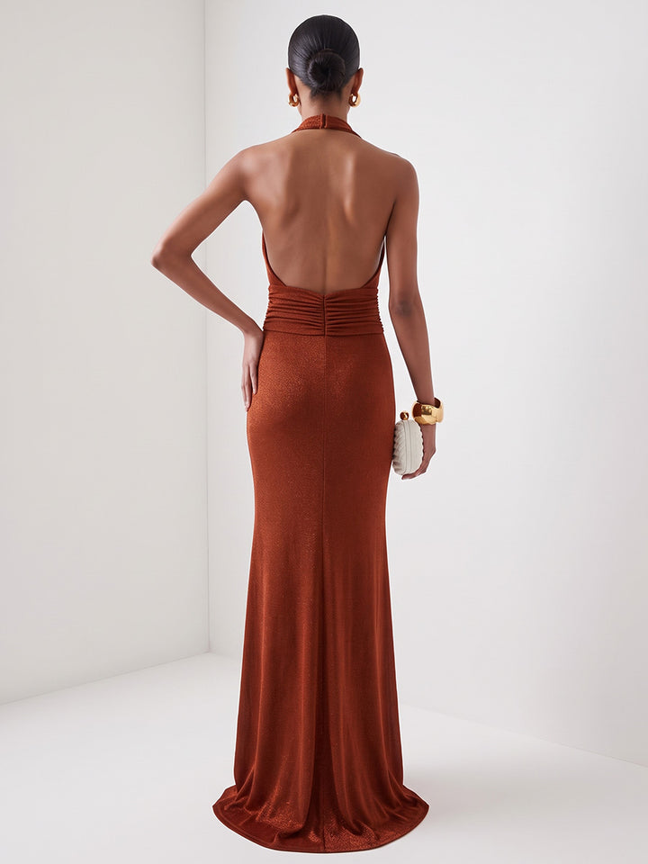 Velvet Sheath Cowl Neck Floor Length Ruched Evening Dresses Maxi Formal Dresses