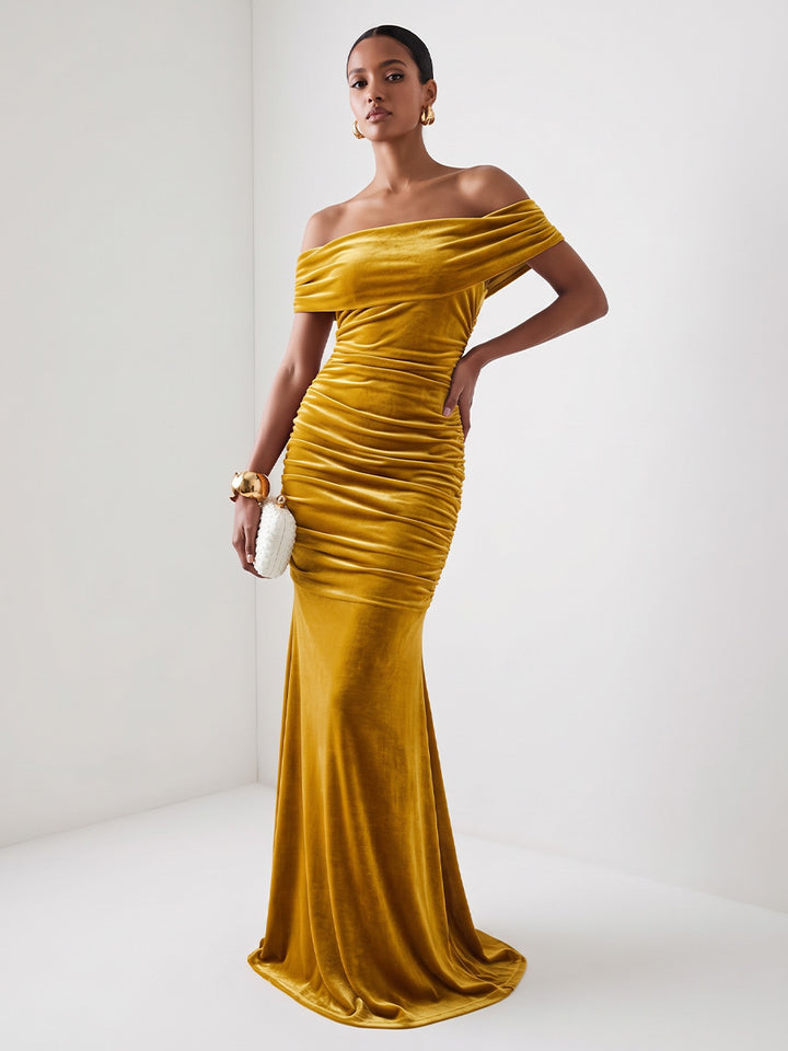 Velvet Sheath Off the Shoulder Floor Length Ruched Evening Dresses Maxi Formal Dresses