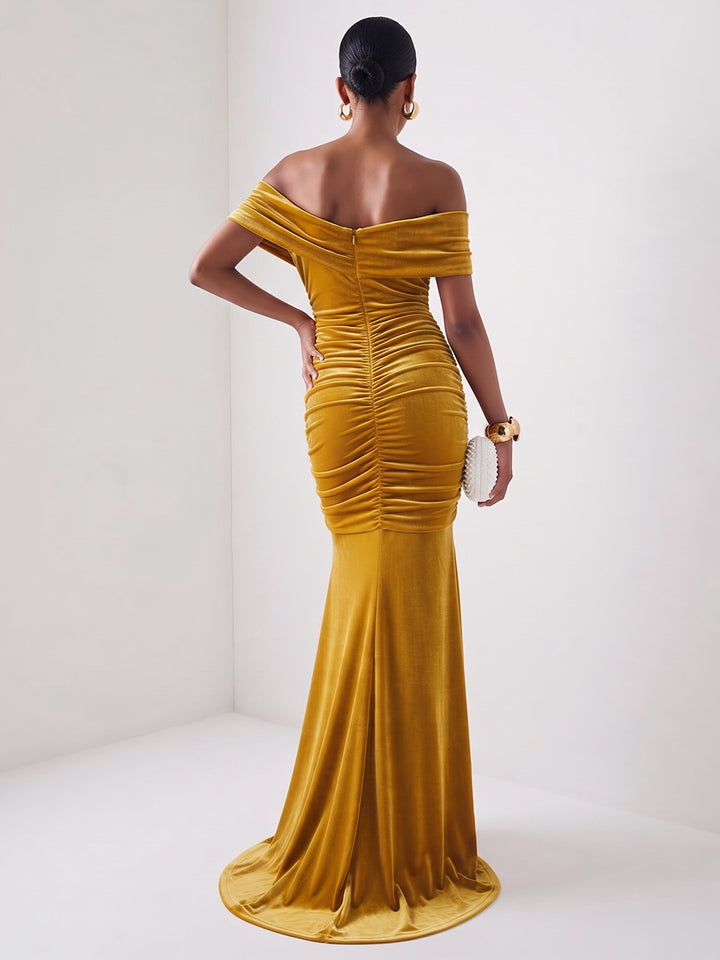 Velvet Sheath Off the Shoulder Floor Length Ruched Evening Dresses Maxi Formal Dresses