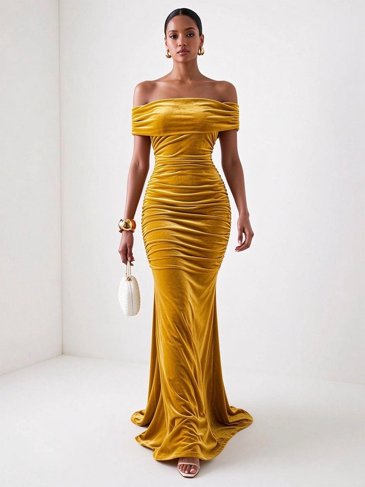 Velvet Sheath Off the Shoulder Floor Length Ruched Evening Dresses Maxi Formal Dresses