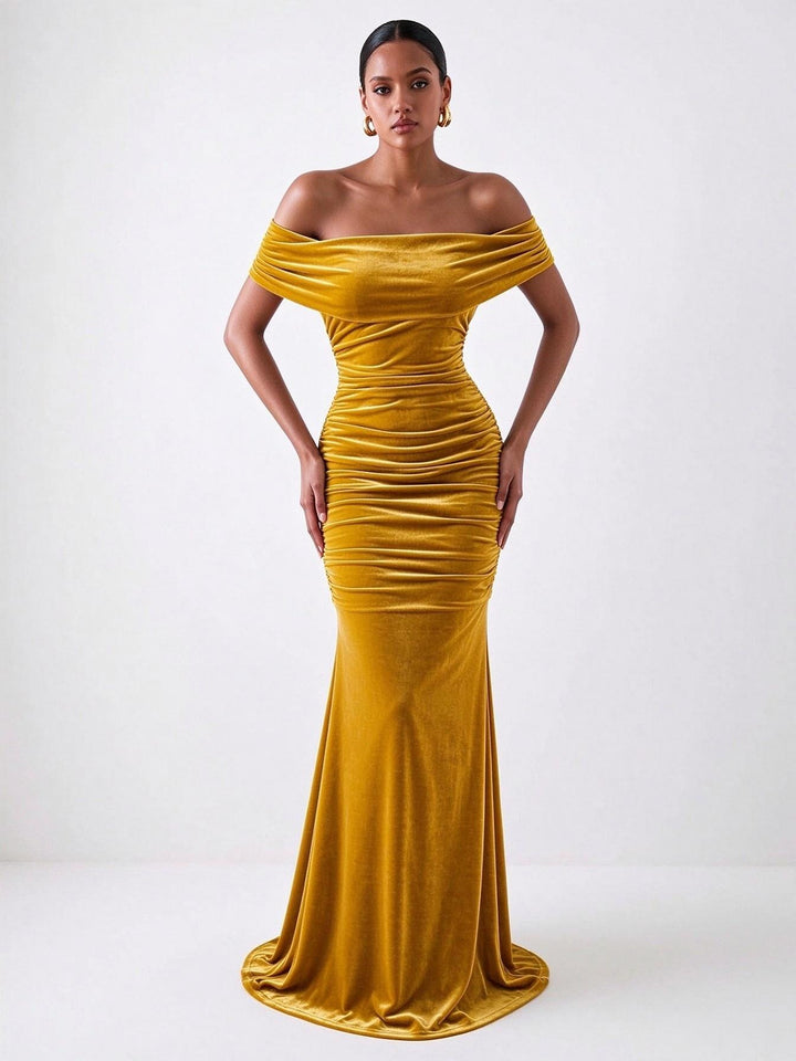Velvet Sheath Off the Shoulder Floor Length Ruched Evening Dresses Maxi Formal Dresses
