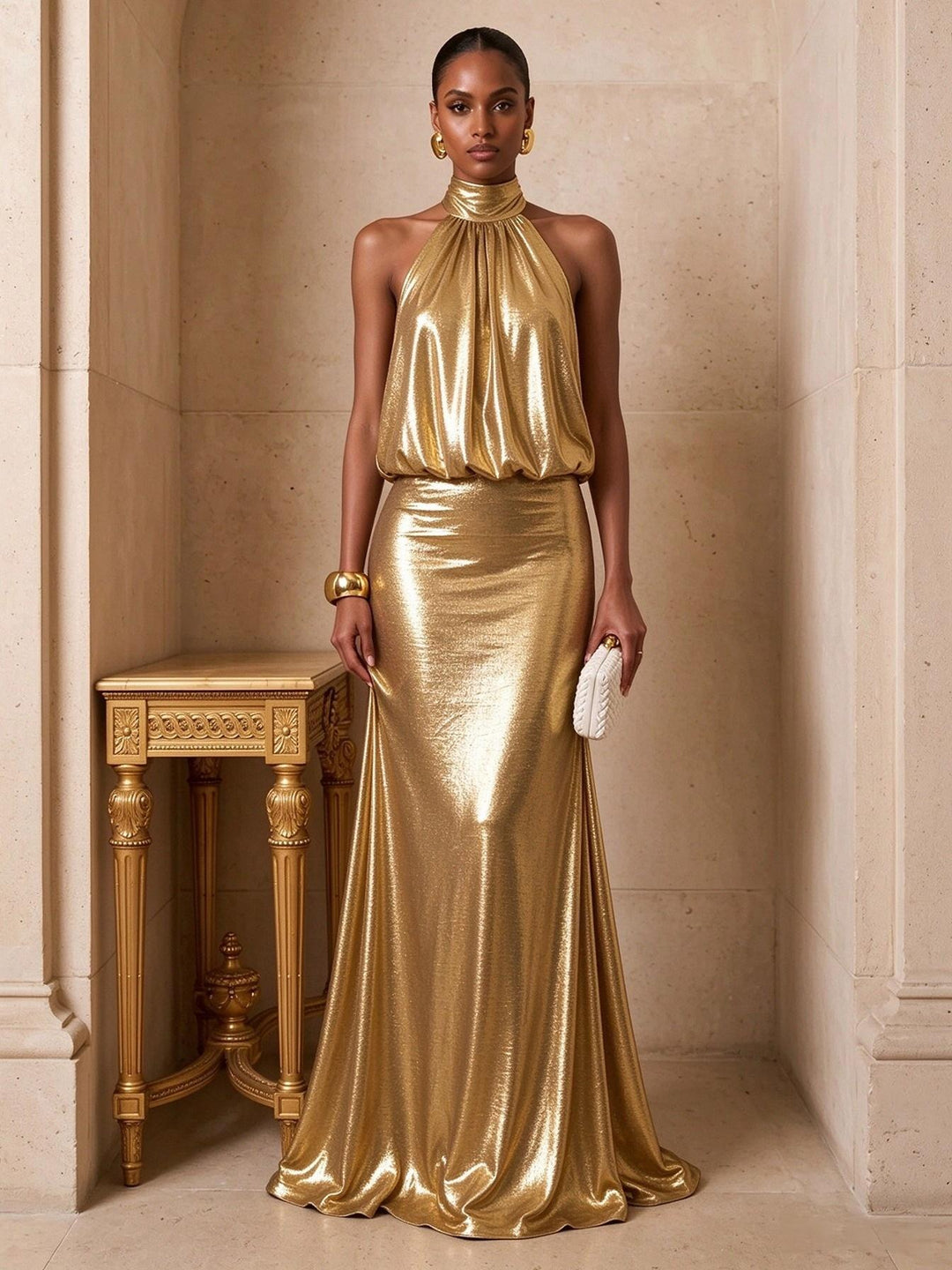 Metallic Satin Sheath Halter Floor Length Pleats Evening Dresses