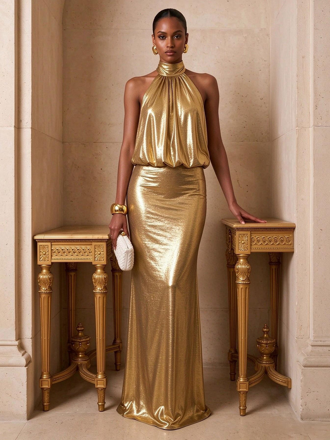 Metallic Satin Sheath Halter Floor Length Pleats Evening Dresses