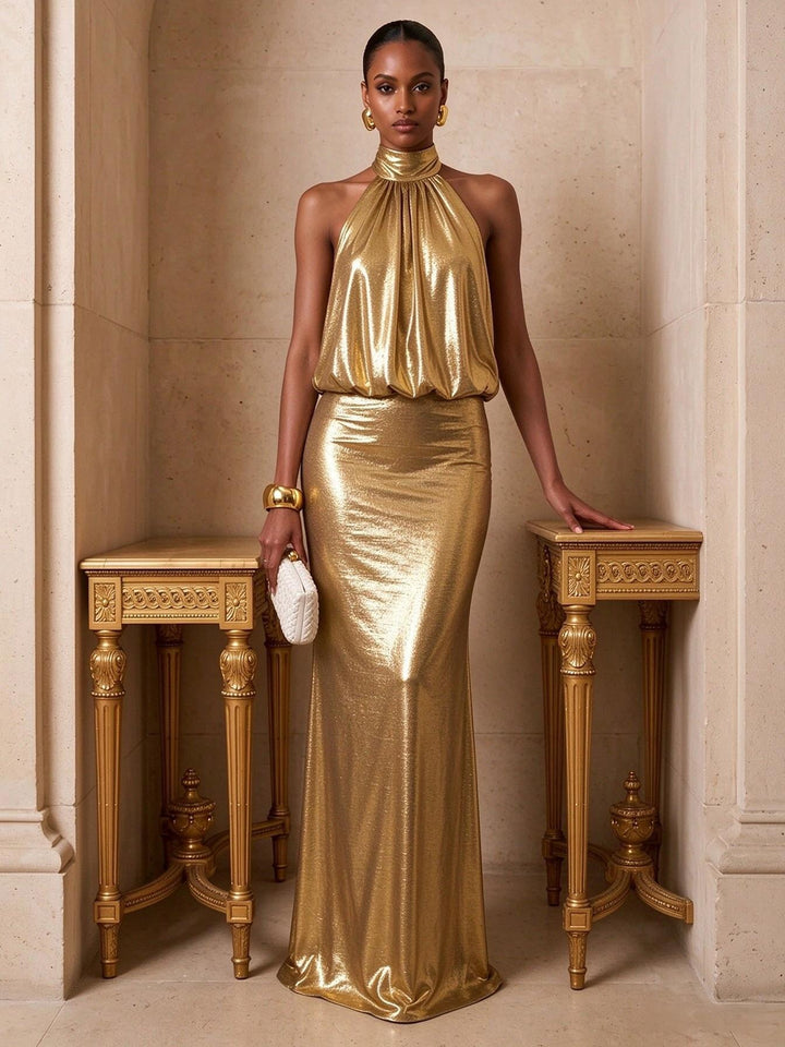 Metallic Satin Sheath Halter Floor Length Pleats Evening Dresses