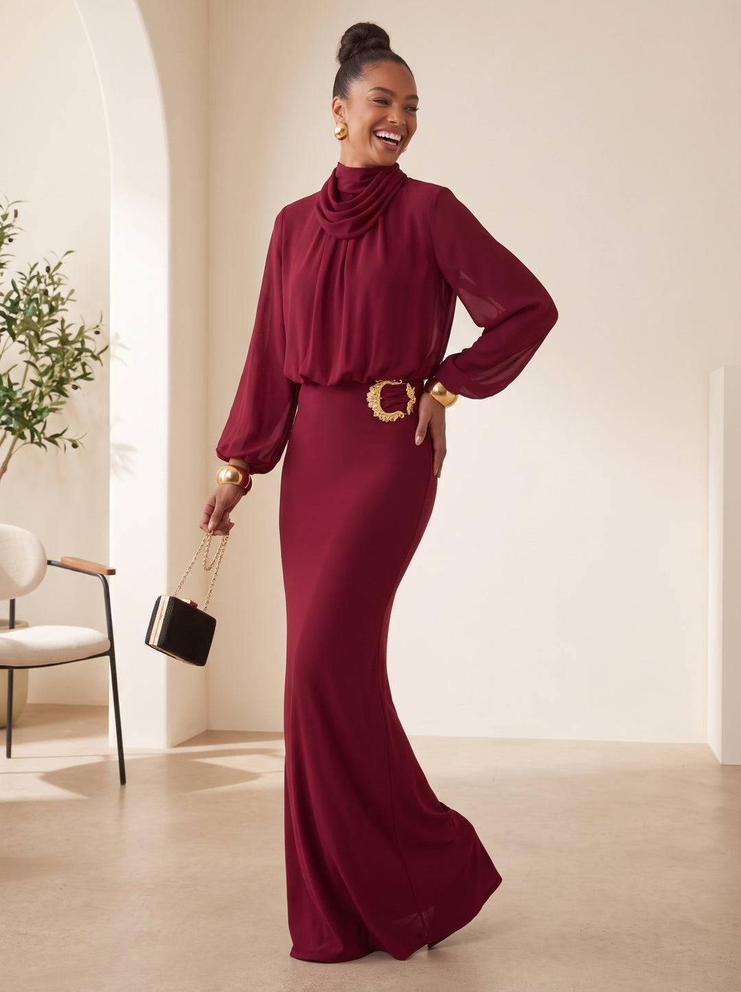Chiffon Mermaid Cowl Neck Floor Length Sheer Sleeves Evening Dresses