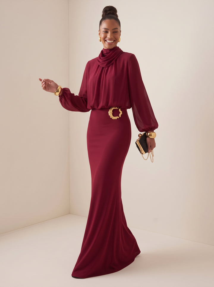 Chiffon Mermaid Cowl Neck Floor Length Sheer Sleeves Evening Dresses