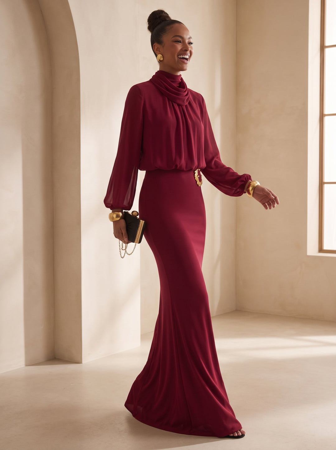 Chiffon Mermaid Cowl Neck Floor Length Sheer Sleeves Evening Dresses