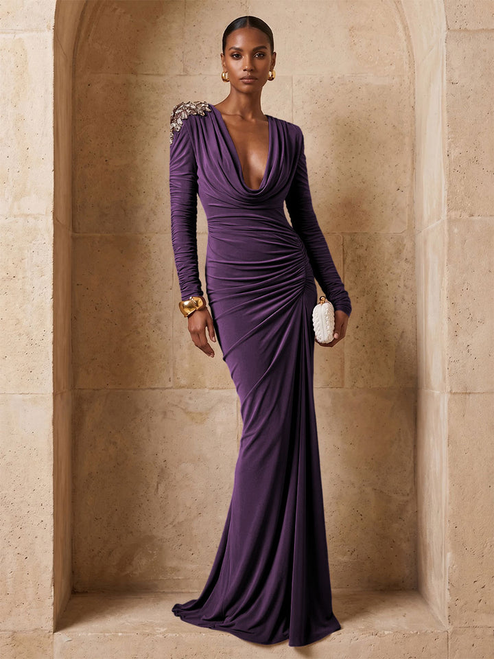 Stretch Mesh Sheath Cowl Neck Floor Length Ruched Evening Dresses