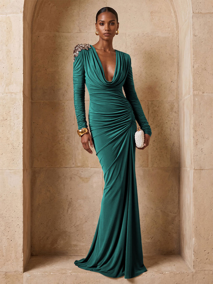 Stretch Mesh Sheath Cowl Neck Floor Length Ruched Evening Dresses