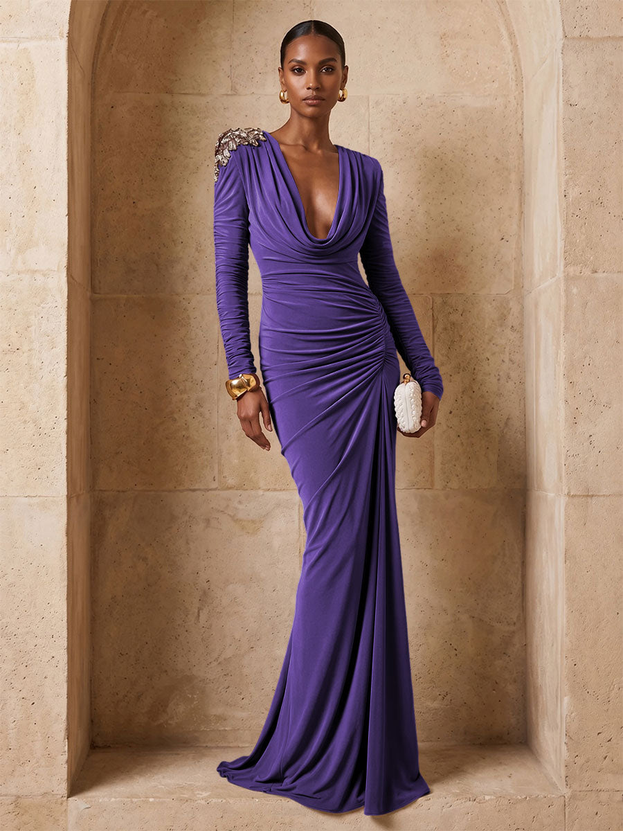 Stretch Mesh Sheath Cowl Neck Floor Length Ruched Evening Dresses