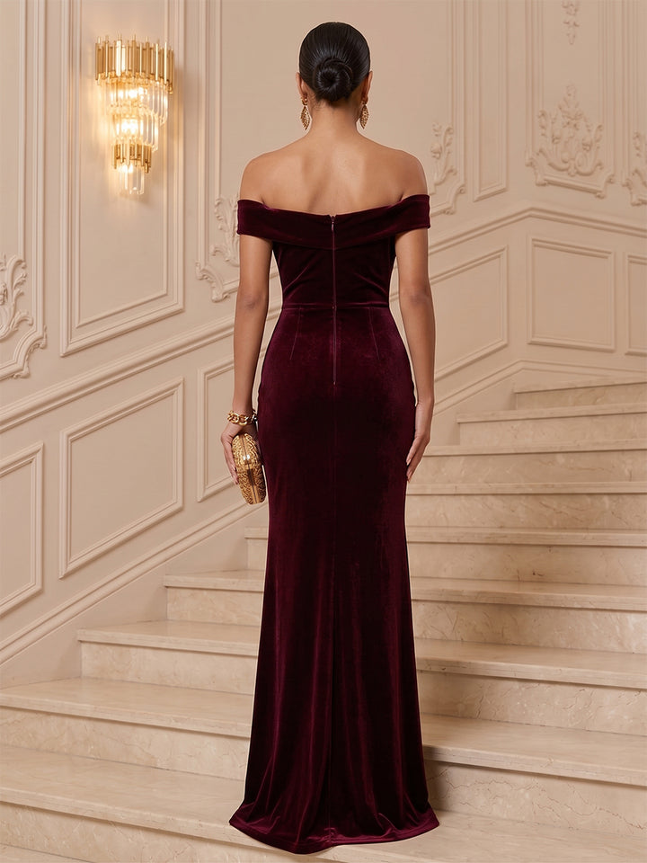 Velvet Sheath Off the Shoulder Floor Length Ruched Evening Dresses Maxi Formal Dresses