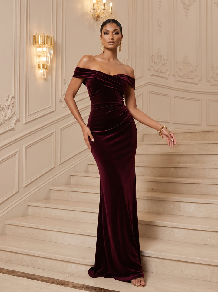 Velvet Sheath Off the Shoulder Floor Length Ruched Evening Dresses Maxi Formal Dresses