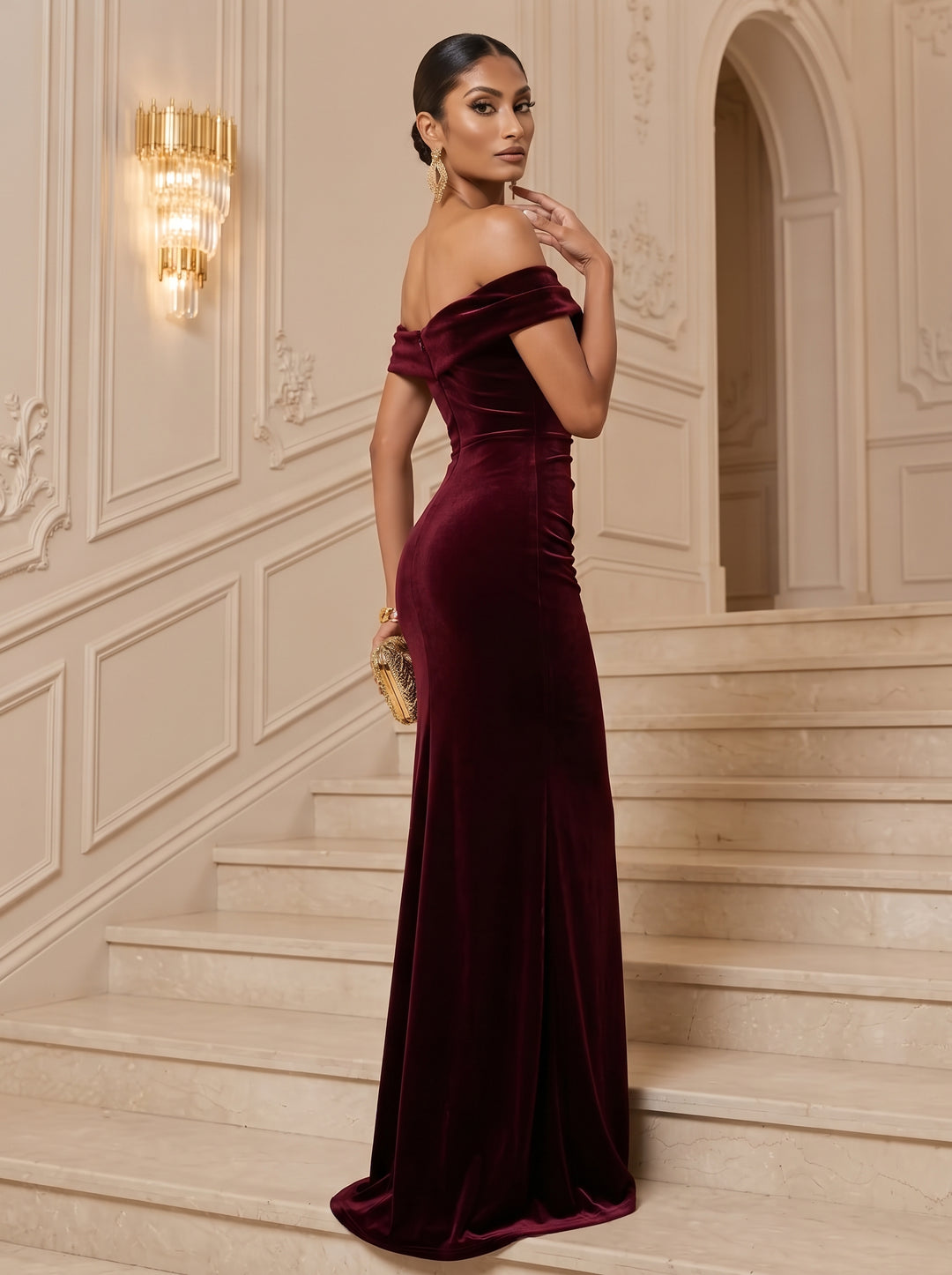Velvet Sheath Off the Shoulder Floor Length Ruched Evening Dresses Maxi Formal Dresses