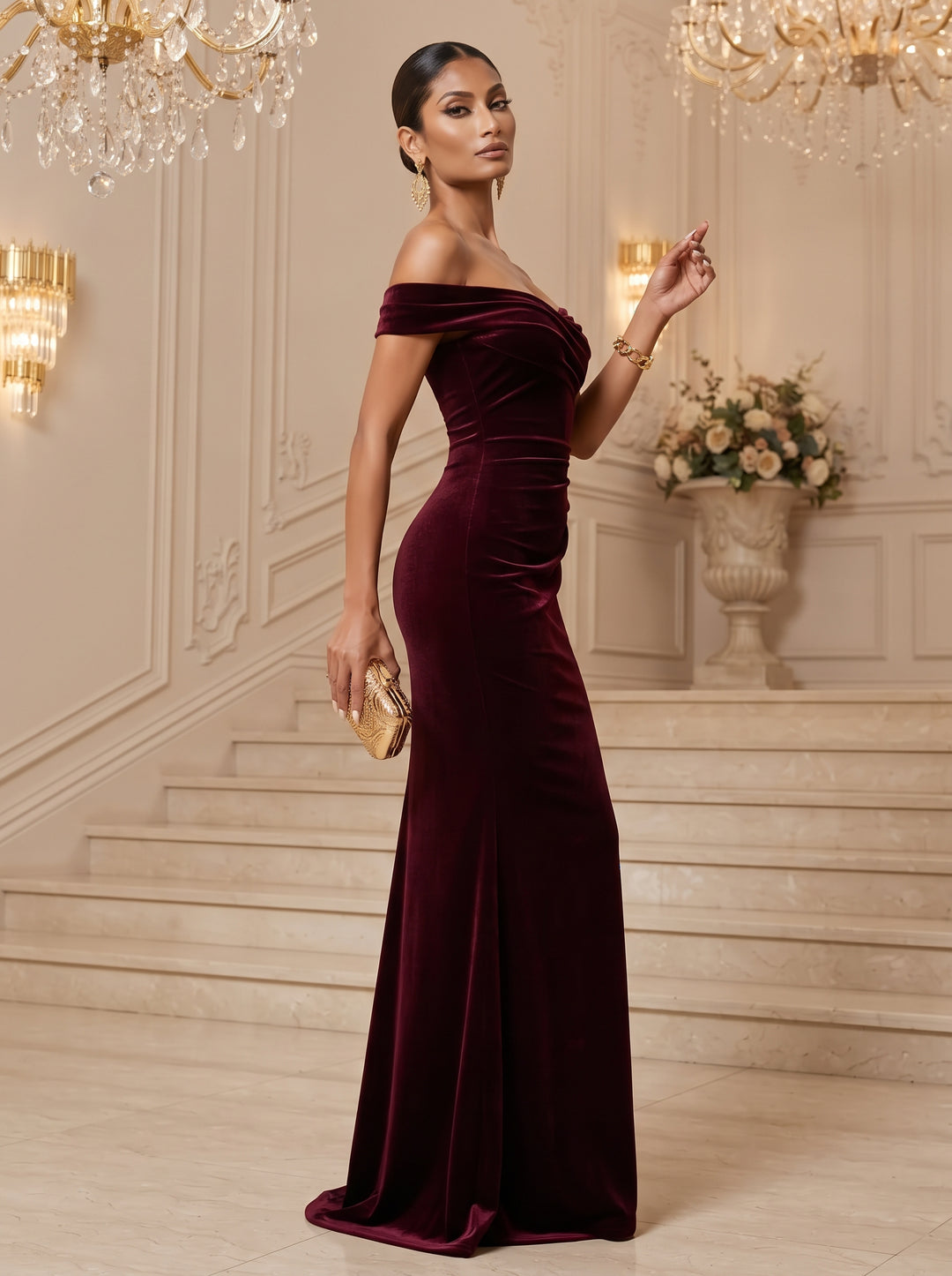 Velvet Sheath Off the Shoulder Floor Length Ruched Evening Dresses Maxi Formal Dresses