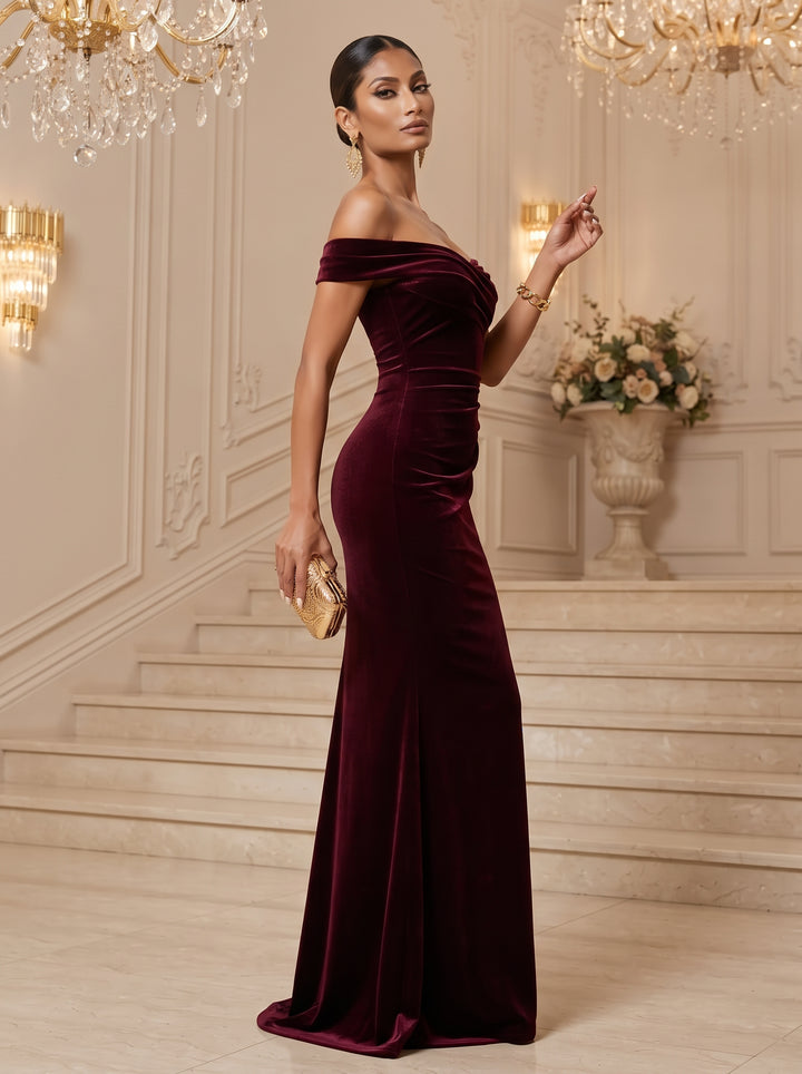 Velvet Sheath Off the Shoulder Floor Length Ruched Evening Dresses Maxi Formal Dresses