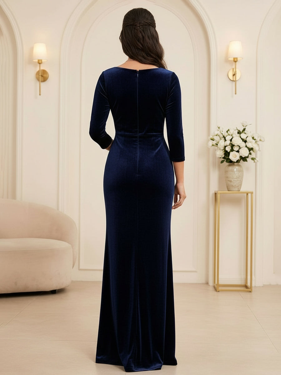 Velvet Sheath V Neck Floor Length Wrap Bodice Evening Dresses Maxi Formal Dresses