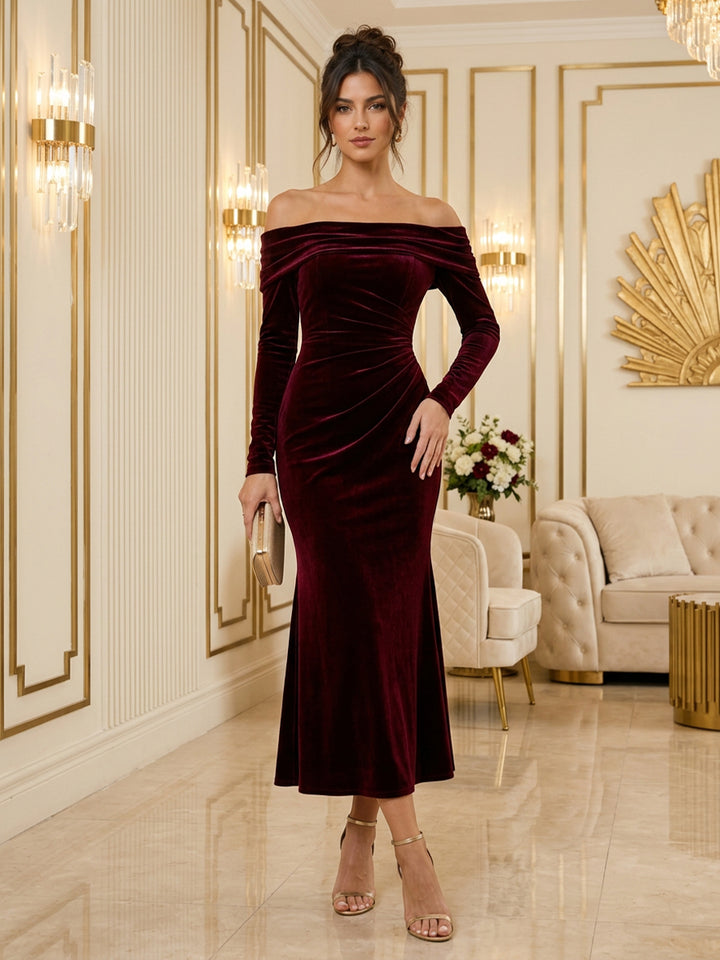 Velvet Mermaid Off the Shoulder Tea Length Ruched Evening Dresses Maxi Formal Dresses