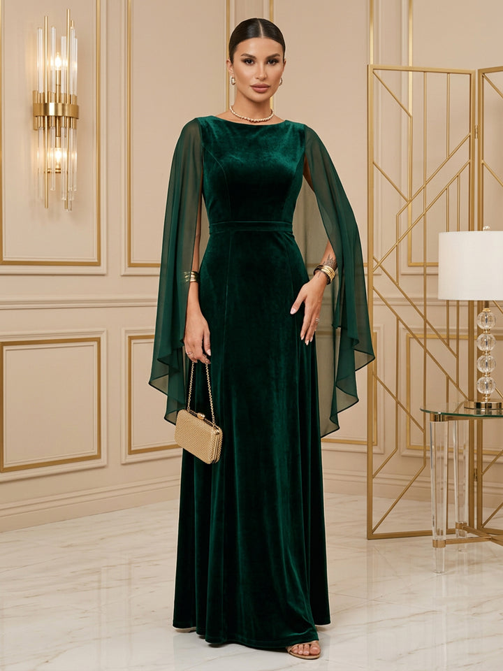 Velvet A Line Jewel Neck Floor Length Cape Sleeve Evening Dresses Maxi Formal Dresses