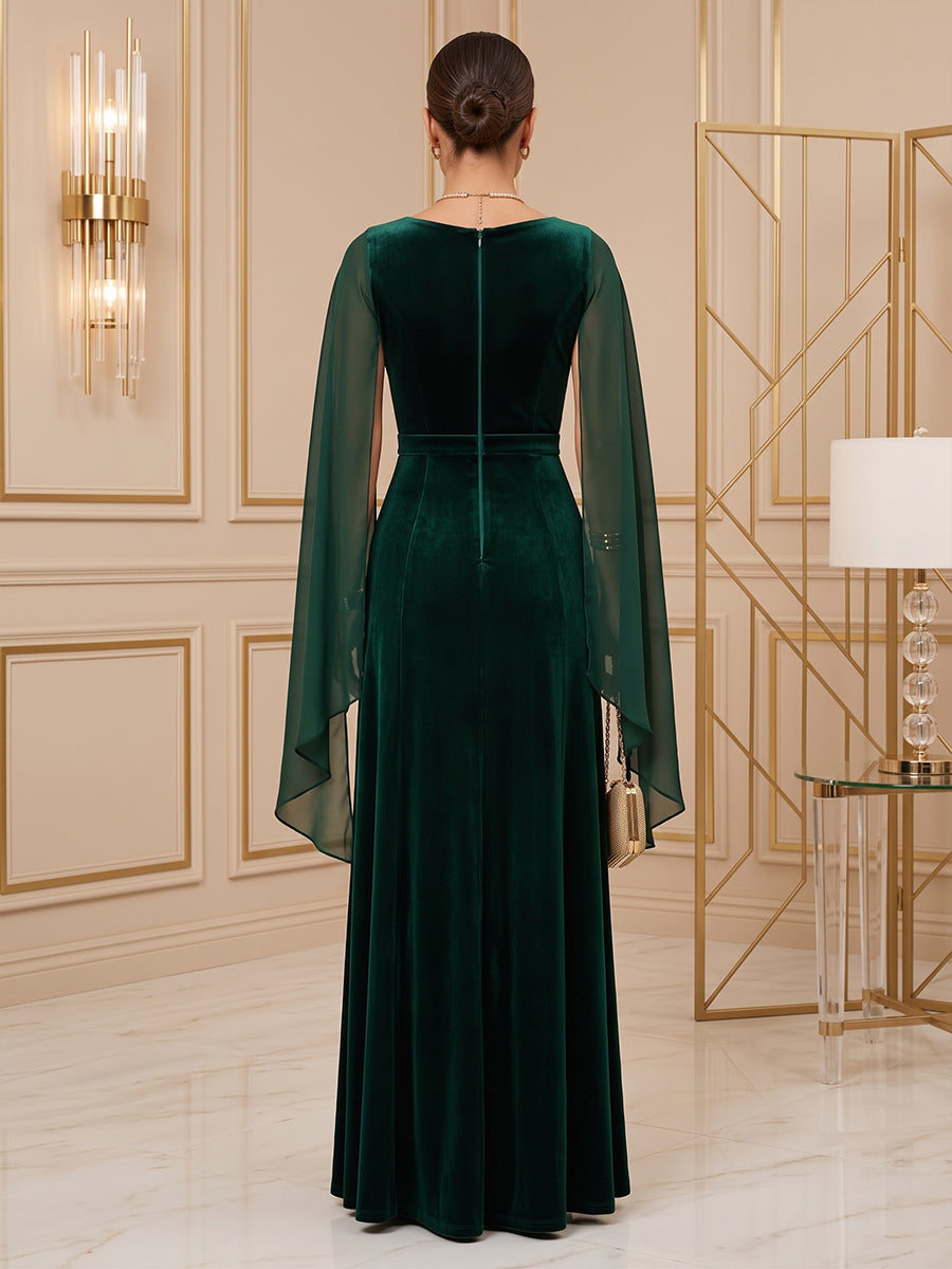 Velvet A Line Jewel Neck Floor Length Cape Sleeve Evening Dresses Maxi Formal Dresses