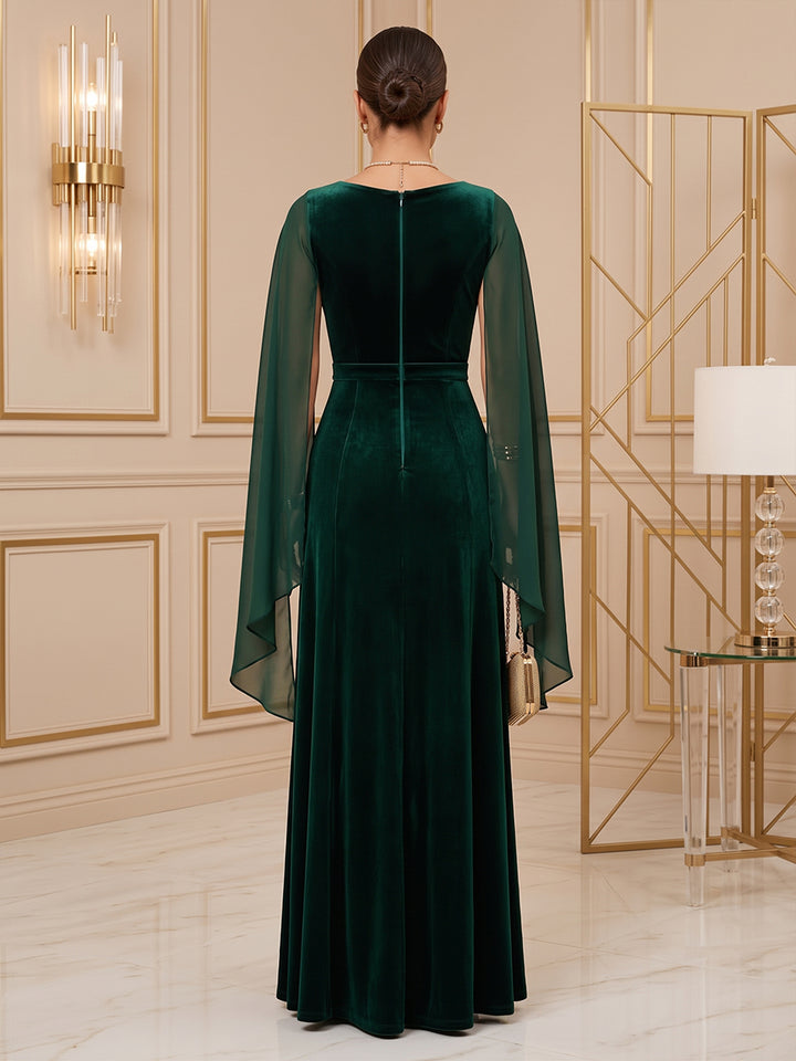 Velvet A Line Jewel Neck Floor Length Cape Sleeve Evening Dresses Maxi Formal Dresses