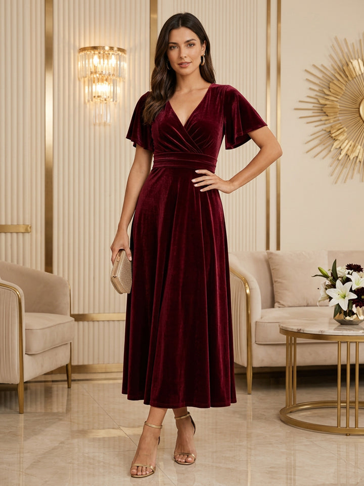 Velvet A Line V Neck Tea Length Ruched Evening Dresses Maxi Formal Dresses