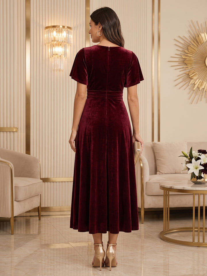 Velvet A Line V Neck Tea Length Ruched Evening Dresses Maxi Formal Dresses