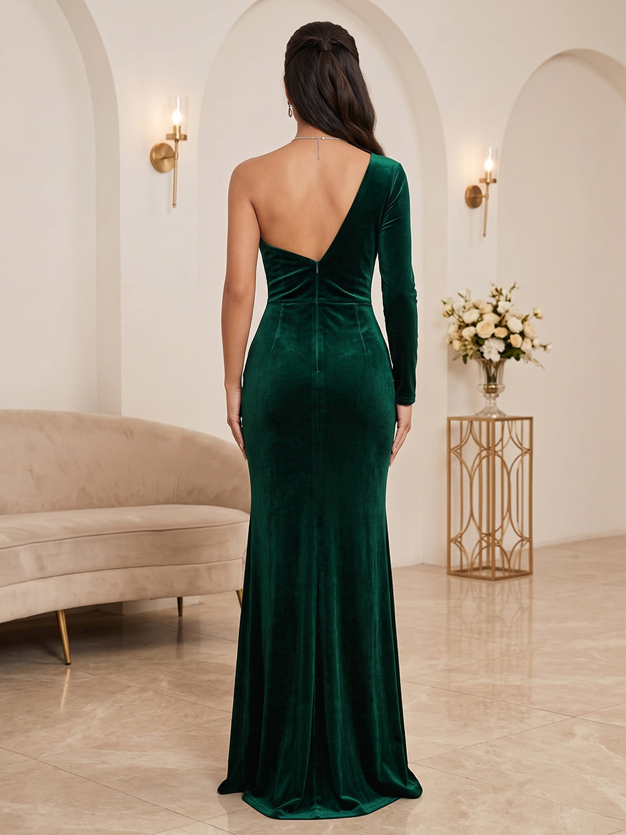Velvet Sheath One Shoulder Floor Length Ruched Evening Dresses Maxi Formal Dresses