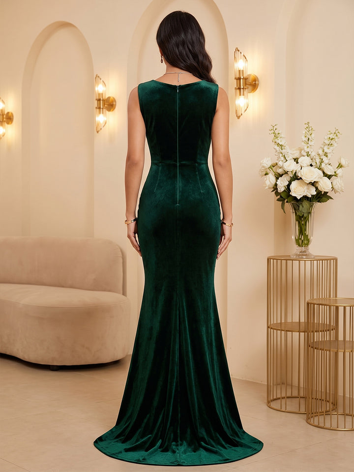 Velvet Mermaid Cowl Neck Floor Length Fitted Bodycon Evening Dresses Maxi Formal Dresses