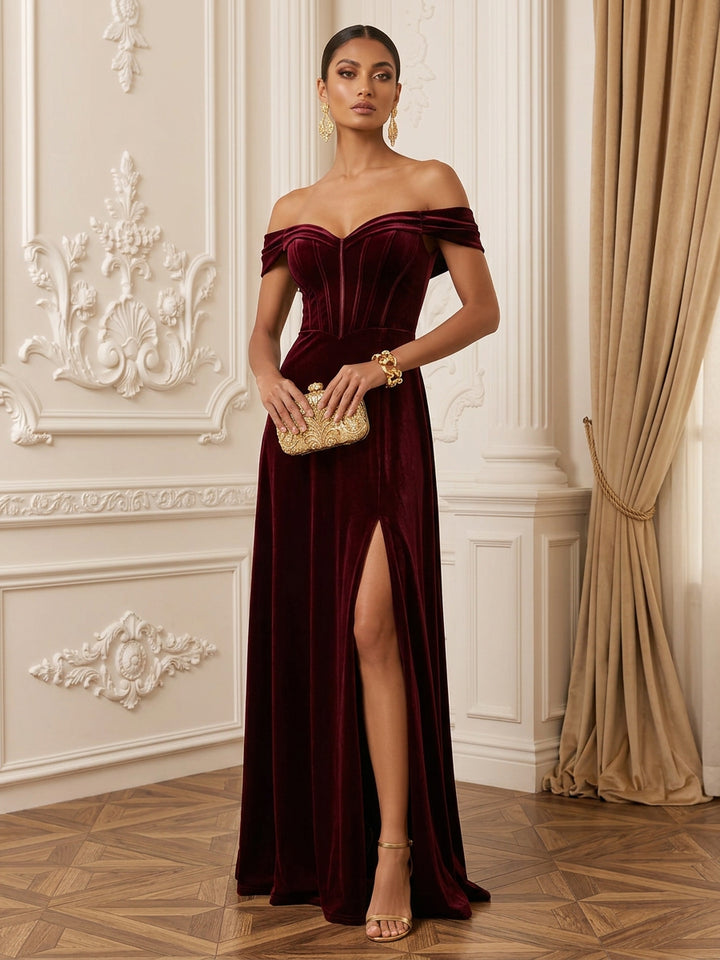 Velvet Sheath Off the Shoulder Floor Length Corset Evening Dresses Maxi Formal Dresses