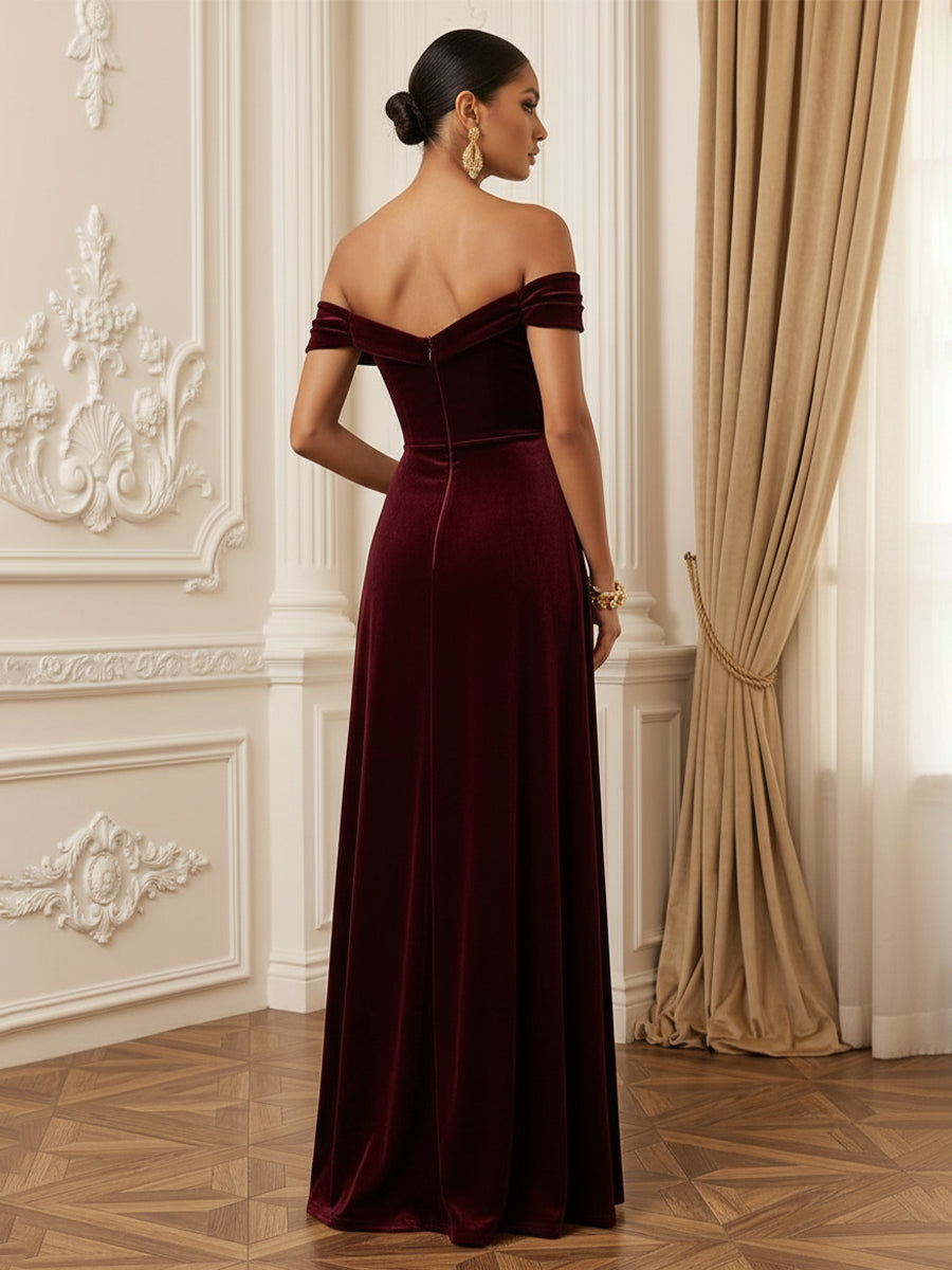 Velvet Sheath Off the Shoulder Floor Length Corset Evening Dresses Maxi Formal Dresses