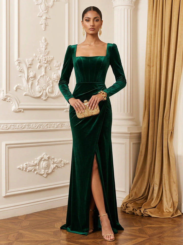 Velvet Sheath Square Neck Floor Length Corset Evening Dresses Maxi Formal Dresses