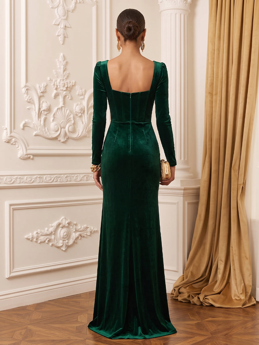 Velvet Sheath Square Neck Floor Length Corset Evening Dresses Maxi Formal Dresses