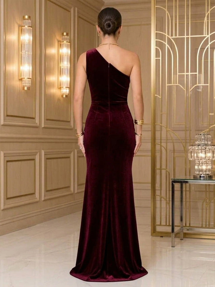 Velvet Mermaid One Shoulder Floor Length Ruched Evening Dresses Maxi Formal Dresses