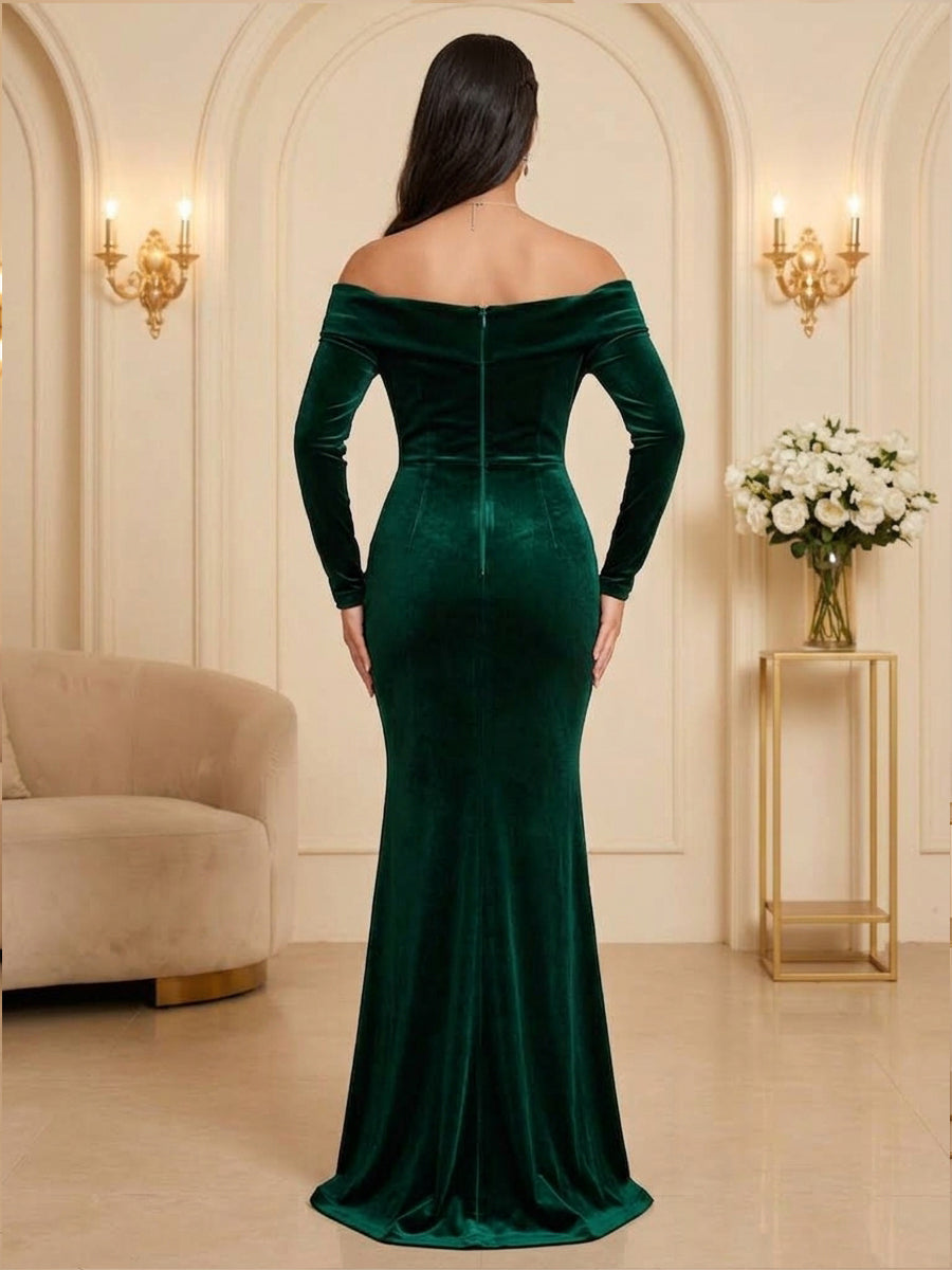 Velvet Mermaid Off the Shoulder Floor Length Ruched Evening Dresses Maxi Formal Dresses