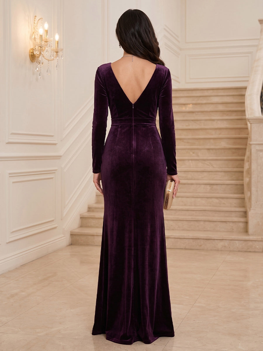 Velvet Sheath V Neck Floor Length Wrap Bodice Evening Dresses Maxi Formal Dresses