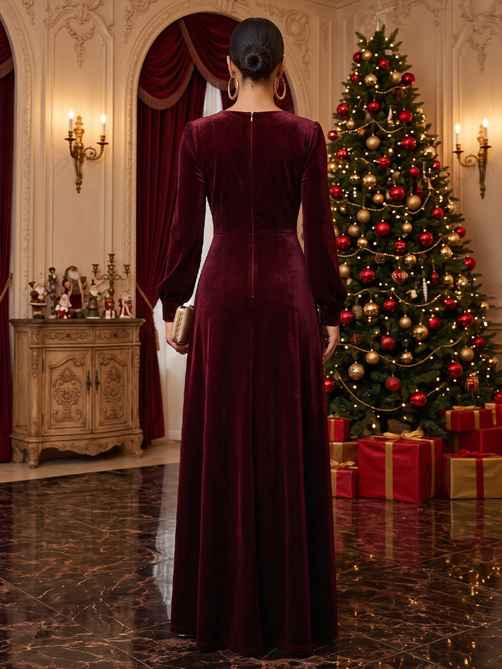 Velvet A Line V Neck Floor Length Wrap Bodice Evening Dresses Maxi Formal Dresses