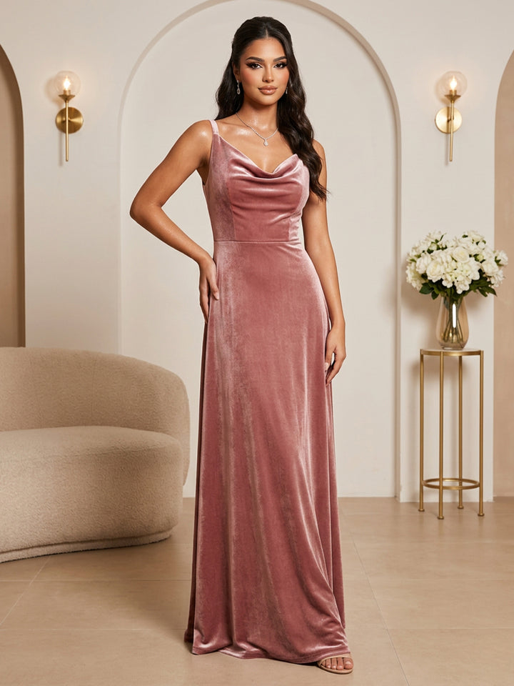 Velvet A Line Spaghetti Straps Floor Length Cowl Neck Evening Dresses Maxi Formal Dresses