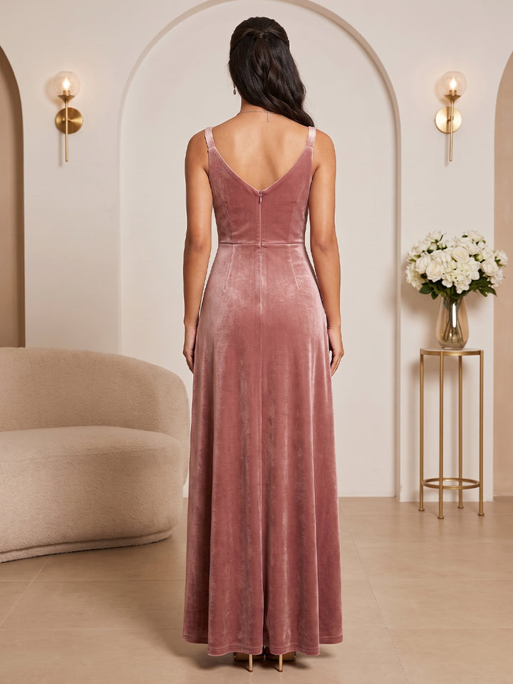 Velvet A Line Spaghetti Straps Floor Length Cowl Neck Evening Dresses Maxi Formal Dresses