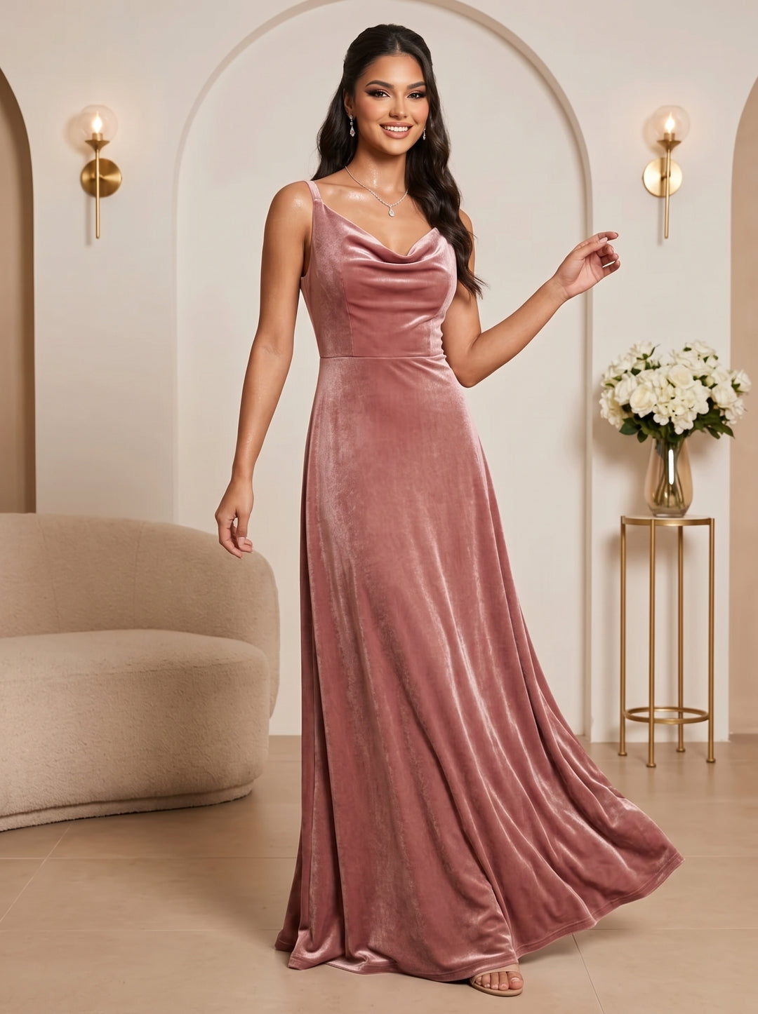 Velvet A Line Spaghetti Straps Floor Length Cowl Neck Evening Dresses Maxi Formal Dresses