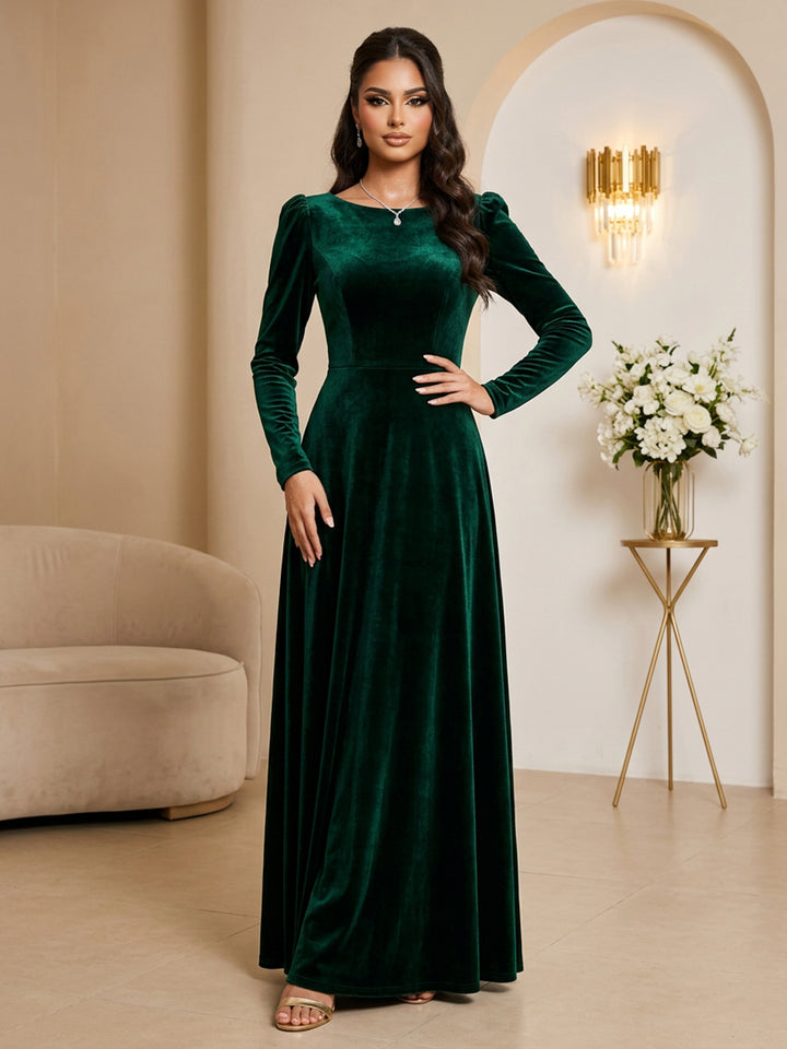 Velvet A Line Jewel Neck Floor Length Fitted Waist Evening Dresses Maxi Formal Dresses