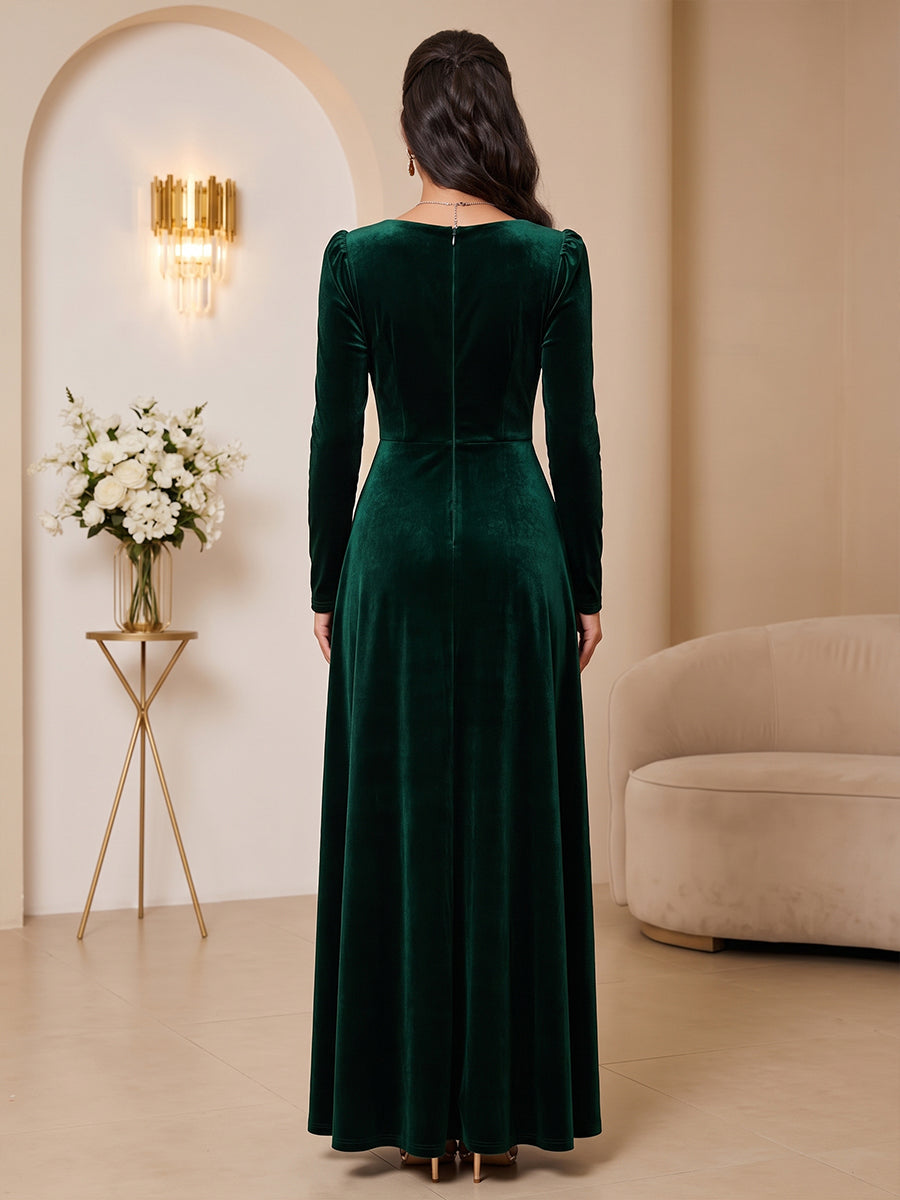Velvet A Line Jewel Neck Floor Length Fitted Waist Evening Dresses Maxi Formal Dresses