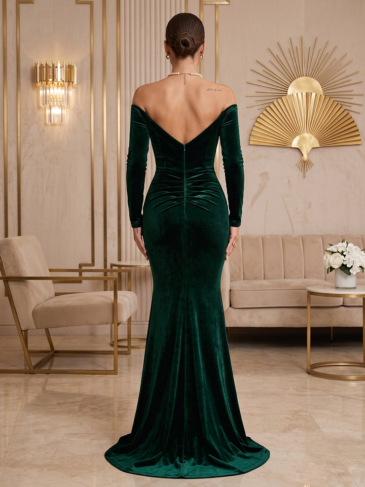 Velvet Mermaid Off the Shoulder Floor Length Wrap Bodice Evening Dresses Maxi Formal Dresses
