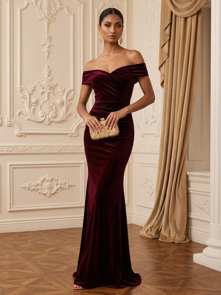 Velvet Mermaid Off the Shoulder Floor Length Wrap Bodice Evening Dresses Maxi Formal Dresses