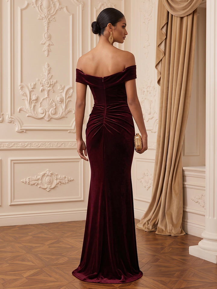 Velvet Mermaid Off the Shoulder Floor Length Wrap Bodice Evening Dresses Maxi Formal Dresses