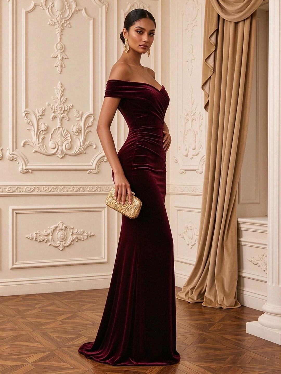 Velvet Mermaid Off the Shoulder Floor Length Wrap Bodice Evening Dresses Maxi Formal Dresses