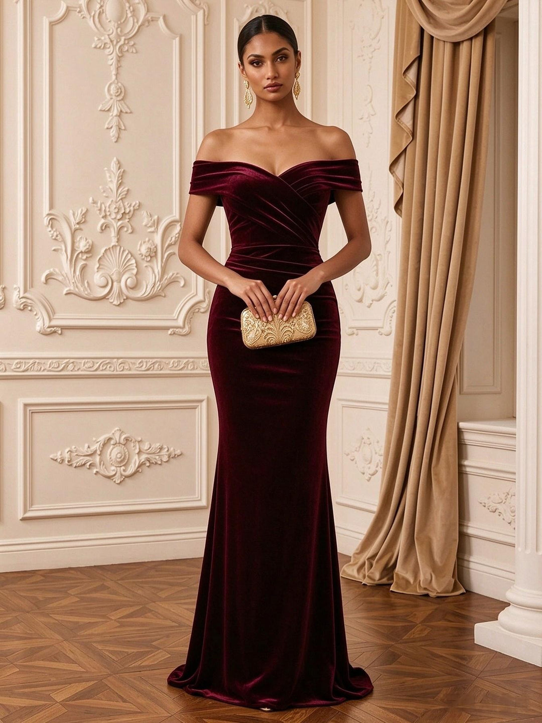 Velvet Mermaid Off the Shoulder Floor Length Wrap Bodice Evening Dresses Maxi Formal Dresses