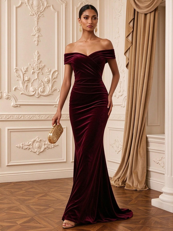Velvet Mermaid Off the Shoulder Floor Length Wrap Bodice Evening Dresses Maxi Formal Dresses