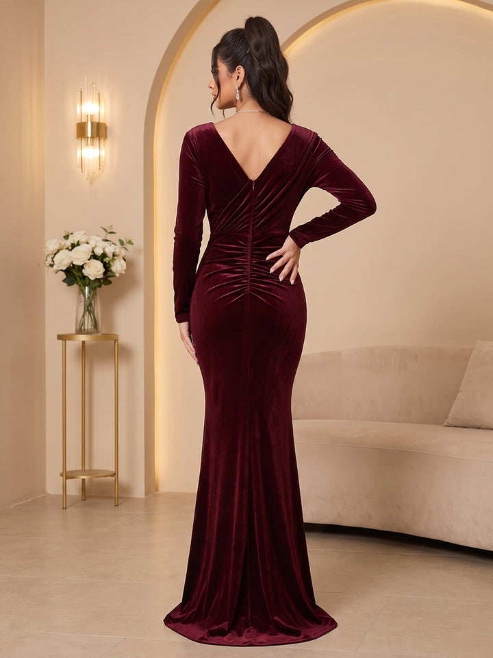 Velvet Mermaid V Neck Floor Length Wrap Bodice Evening Dresses Maxi Formal Dresses