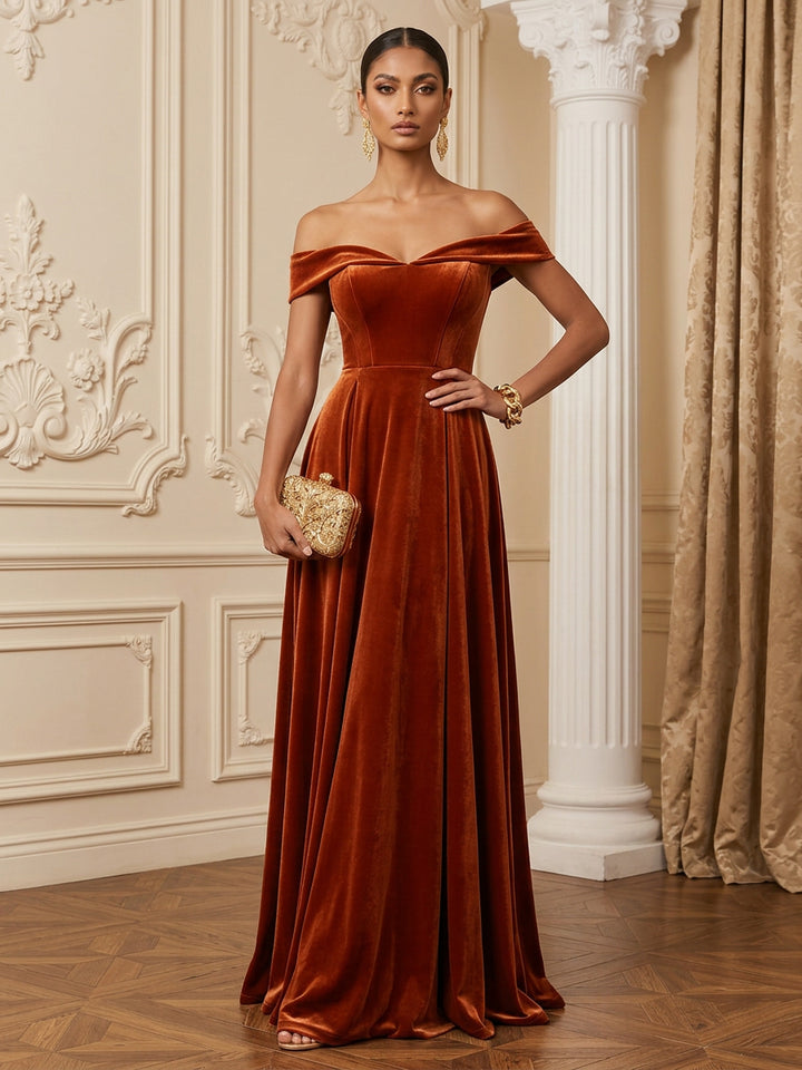 Velvet A Line Off the Shoulder Floor Length Pleats Evening Dresses Maxi Formal Dresses