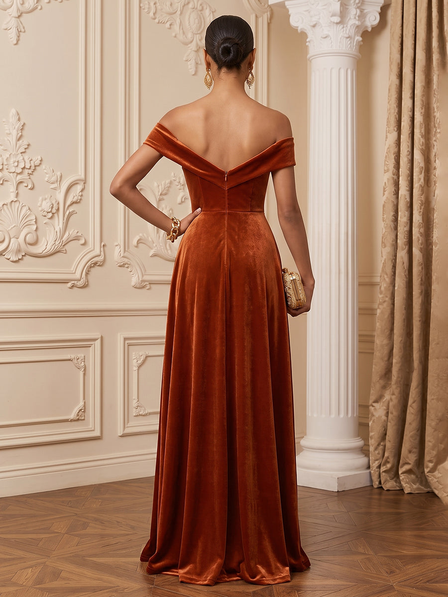 Velvet A Line Off the Shoulder Floor Length Pleats Evening Dresses Maxi Formal Dresses